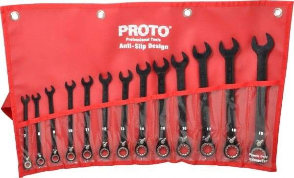 Proto - 13 Piece, 7mm to 19mm, 12 Point Combination Wrench Set - Metric Measurement Standard, Black/Chrome Finish, Comes in Pouch - Caliber Tooling