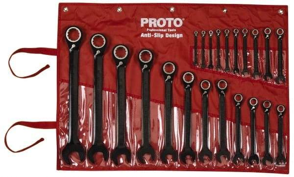 Proto - 22 Piece, 6mm to 36mm, 12 Point Combination Wrench Set - Metric Measurement Standard, Black/Chrome Finish, Comes in Pouch - Caliber Tooling