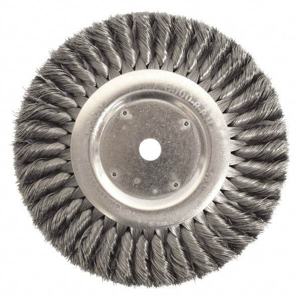 Weiler - 10" OD, 3/4" Arbor Hole, Knotted Steel Wheel Brush - 3/4" Face Width, 1-3/4" Trim Length, 0.014" Filament Diam, 4,500 RPM - Caliber Tooling