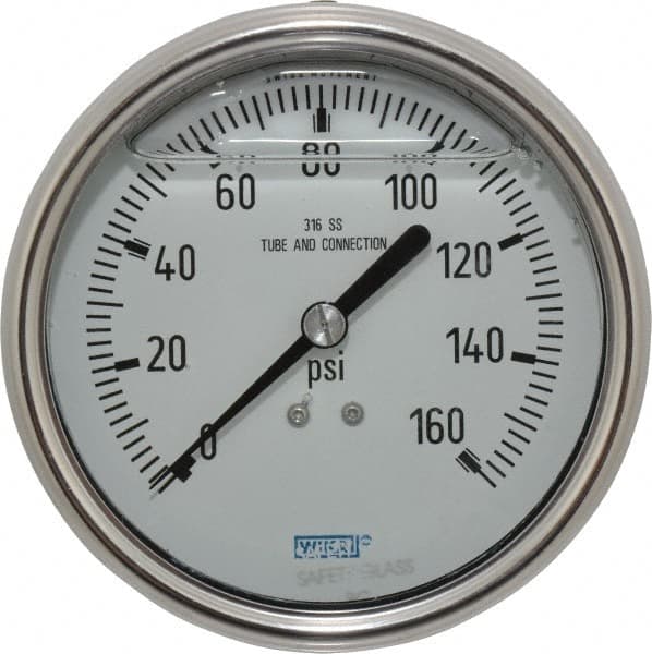 Wika - 4" Dial, 1/4 Thread, 0-160 Scale Range, Pressure Gauge - Lower Back Connection Mount, Accurate to 1% of Scale - Caliber Tooling