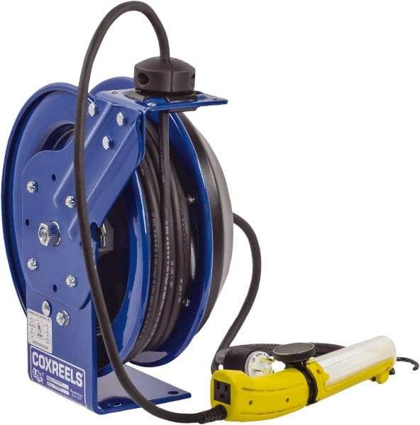 CoxReels - 16 AWG, 50' Cable Length, Cord & Cable Reel with Fluorescent Angle Light with Tool Tap Plug End - 1 Outlet, 13 Amps, 115 Volts, SJTO Cable, Blue Reel, Spring Driven Reel - Caliber Tooling