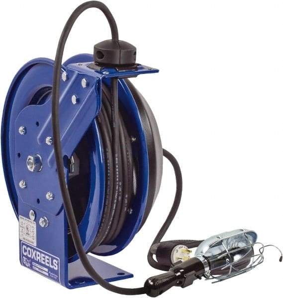 CoxReels - 16 AWG, 100' Cable Length, Cord & Cable Reel with Incandescent Hand Lamp with Tool Tap Plug End - 1 Outlet, NEMA 5-15R, 13 Amps, 115 Volts, SJTO Cable, Blue Reel, Spring Driven Reel - Caliber Tooling