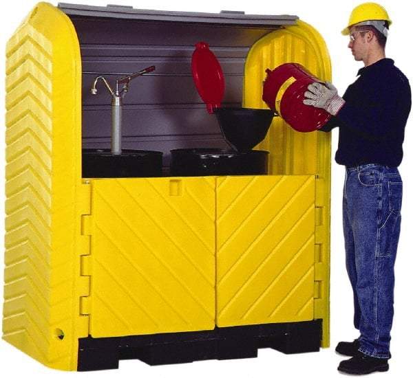 UltraTech - 41-1/4" Wide x 67-1/4" Deep x 74" High, Polyethylene Vertical Drum Cabinet - Yellow/Black, Roll Top & Swing-out Barn Style Door, 1 Shelf, 2 Drums - Caliber Tooling