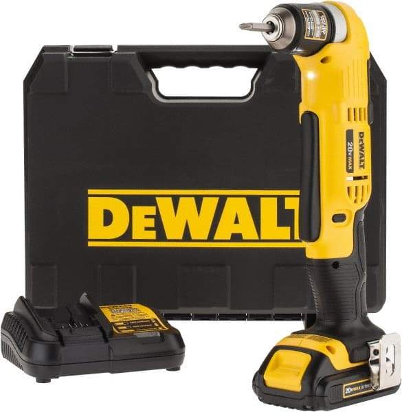 DeWALT - 20 Volt 3/8" Chuck Right Angle Handle Cordless Drill - 0-650 & 0-2000 RPM, Keyless Chuck, Reversible, 1 Lithium-Ion Battery Included - Caliber Tooling