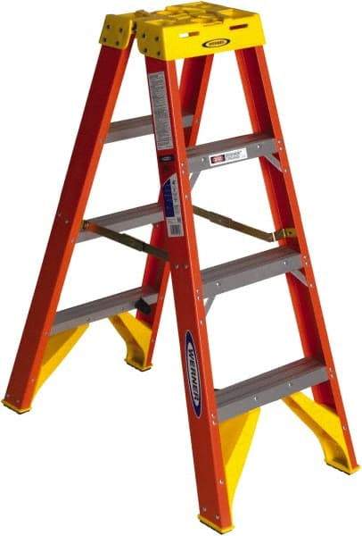 Werner - 3 Steps, 4' High, Type IA Rating, Fiberglass Step Ladder - 300 Lb Capacity, 19-7/8" Base Width - Caliber Tooling