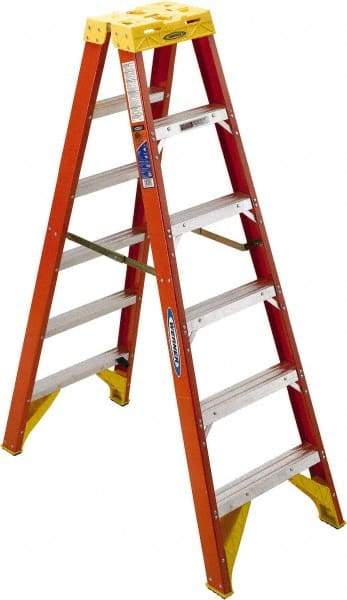 Werner - 5 Steps, 6' High, Type IA Rating, Fiberglass Step Ladder - 300 Lb Capacity, 23-3/8" Base Width - Caliber Tooling