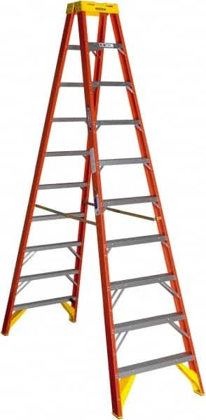 Werner - 9 Steps, 10' High, Type IA Rating, Fiberglass Step Ladder - 300 Lb Capacity, 30-3/8" Base Width - Caliber Tooling