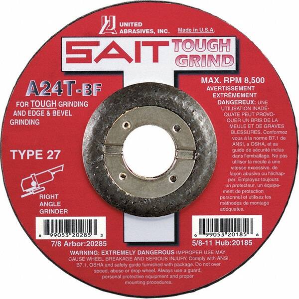 Sait - 24 Grit, 5" Wheel Diam, 1/4" Wheel Thickness, 7/8" Arbor Hole, Type 27 Depressed Center Wheel - Aluminum Oxide, Resinoid Bond, T Hardness, 12,200 Max RPM, Compatible with Angle Grinder - Caliber Tooling