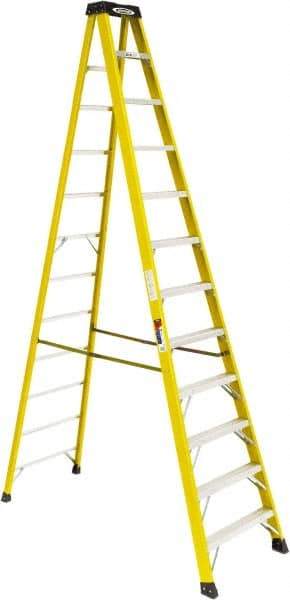 Werner - 11 Steps, 12' High, Type IA Rating, Fiberglass Step Ladder - 300 Lb Load Capacity, 31" Base Width - Caliber Tooling