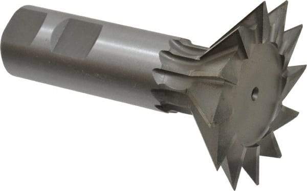 Made in USA - 2-1/2" Diam x 3/4" Width of Cut, 45° Included Angle, High Speed Steel Dovetail Cutter - 1" Shank Diam, 3" Shank Length, 3-3/4" Overall Length, Weldon Flat, Uncoated - Caliber Tooling