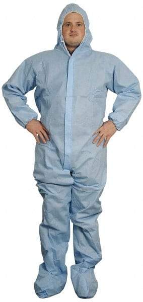 PRO-SAFE - Size 4XL SMS General Purpose Coveralls - Blue, Zipper Closure, Elastic Cuffs, Open Ankles, Serged Seams, ISO Class 6 - Caliber Tooling