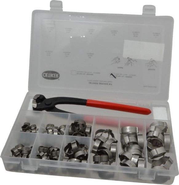 Oetiker - 124 Piece, 5/16 to 1" Diam, 2-Ear Service Clamp Kit - 123 Clamps & 1 Stainless Steel Side Jaw Pincer - Caliber Tooling