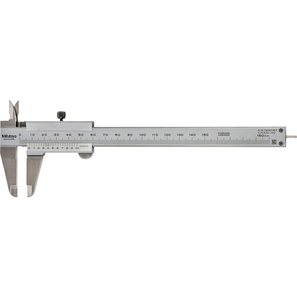 Mitutoyo - Vernier Calipers; Minimum Measurement (Decimal Inch): 0 ; Maximum Measurement (Decimal Inch): 6 ; Maximum Measurement (mm): 150 ; Graduation (mm): 0.05 ; Accuracy (mm): 0.05 ; Calibrated: No - Exact Industrial Supply