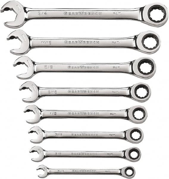 GearWrench - 8 Piece, 5/16" to 3/4", 12 Point Ratcheting Combination Wrench Set - Inch Measurement Standard, Chrome Finish - Caliber Tooling