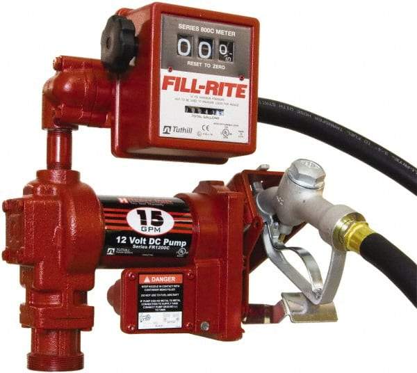 Tuthill - 15 GPM, 3/4" Hose Diam, DC Tank Pump with Manual Nozzle & 807C Meter - 1" Inlet, 3/4" Outlet, 12 Volts, 12' Hose Length, 1/4 hp - Caliber Tooling