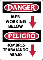 NMC - "Danger - Men Working Below", 14" Long x 10" Wide, Pressure-Sensitive Vinyl Safety Sign - Rectangle, 0.004" Thick, Use for Accident Prevention - Caliber Tooling