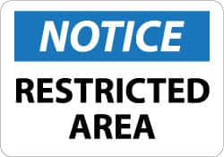 NMC - "Notice - Restricted Area", 10" Long x 14" Wide, Aluminum Safety Sign - Rectangle, 0.04" Thick, Use for Security & Admittance - Caliber Tooling