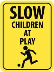 NMC - "Slow - Children at Play", "Child Playing", 18" Wide x 24" High, Aluminum Traffic Control Signs - 0.08" Thick, Black on Yellow, Engineer Grade Reflectivity, Rectangle, Post Mount - Caliber Tooling