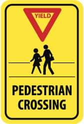 NMC - "Yield - Pedestrian Crossing", "Pedestrians, Red Triangle", 12" Wide x 18" High, Aluminum Pedestrian Crossing Signs - 0.08" Thick, Red & Black on Yellow, High Intensity Reflectivity, Rectangle, Post Mount - Caliber Tooling