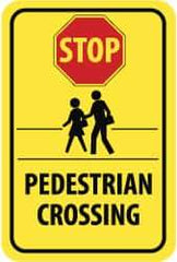 NMC - "Stop - Pedestrian Crossing", "Pedestrians Crossing", 12" Wide x 18" High, Aluminum Pedestrian Crossing Signs - 0.08" Thick, Red & Black on Yellow, High Intensity Reflectivity, Rectangle, Post Mount - Caliber Tooling