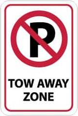 NMC - "Tow Away Zone", "Strike on P", 12" Wide x 18" High, Aluminum No Parking & Tow Away Signs - 0.08" Thick, Red & Black on White, High Intensity Reflectivity, Rectangle, Post Mount - Caliber Tooling