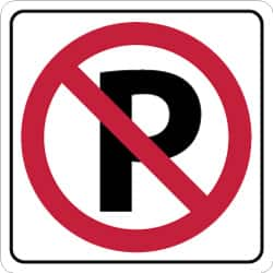 NMC - "Strike on P", 24" Wide x 24" High, Aluminum No Parking & Tow Away Signs - 0.08" Thick, Red & Black on White, High Intensity Reflectivity, Square, Post Mount - Caliber Tooling