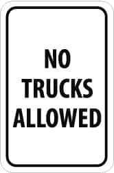 NMC - "No Trucks Allowed", 12" Wide x 18" High, Aluminum Parking Lot Traffic Signs - 0.08" Thick, Black on White, High Intensity Reflectivity, Rectangle, Post Mount - Caliber Tooling