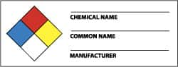 NMC - Hazardous Materials Label - Legend: Chemical Name ___ - Common Name ___ - Manufacturer ___, English, Black, Blue, Red, Yellow & White, 4" Long x 1-1/2" High, Sign Muscle Finish - Caliber Tooling