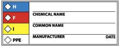 NMC - Hazardous Materials Label - Legend: H - F - I - PPE - Chemical Name ___ Common Name ___ Manufacturer ___ Date ___, English, Black, Blue, Red, Yellow & White, 4" Long x 1-1/2" High, Sign Muscle Finish - Caliber Tooling