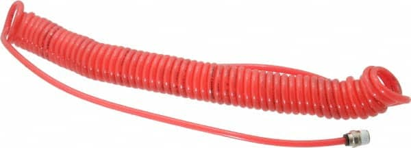 PRO-SOURCE - 0.16 ID, 1/4 Thread, 20' Long, Red Polyurethane Coiled & Self Storing Hose - 125 Max psi, Male Swivel x Male Swivel - Caliber Tooling