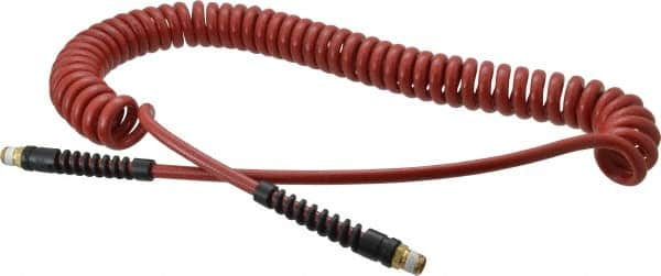 PRO-SOURCE - 1/4" ID, 1/4 Thread, 20' Long, Red Polyurethane Coiled & Self Storing Hose - 220 Max psi, Male Swivel x Male Swivel - Caliber Tooling