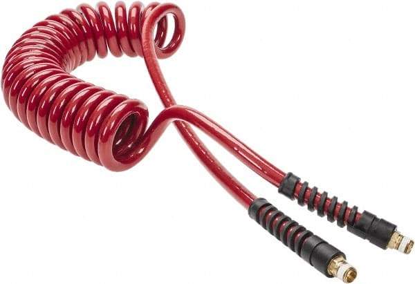 PRO-SOURCE - 3/8" ID, 1/4 Thread, 15' Long, Red Polyurethane Coiled & Self Storing Hose - 200 Max psi, Male Swivel x Male Swivel - Caliber Tooling