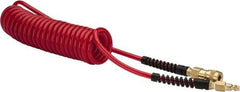 PRO-SOURCE - 1/4" ID, 1/4 Thread, 15' Long, Red Polyurethane Coiled & Self Storing Hose - Male Swivel x Male Swivel - Caliber Tooling