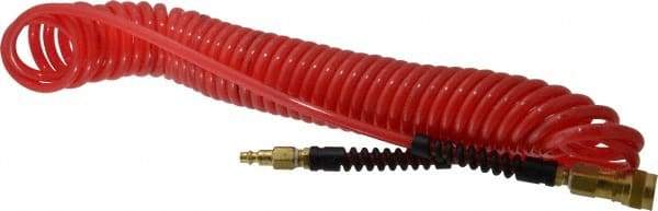 PRO-SOURCE - 1/4" ID, 1/4 Thread, 25' Long, Red Polyurethane Coiled & Self Storing Hose - Male Swivel x Male Swivel - Caliber Tooling