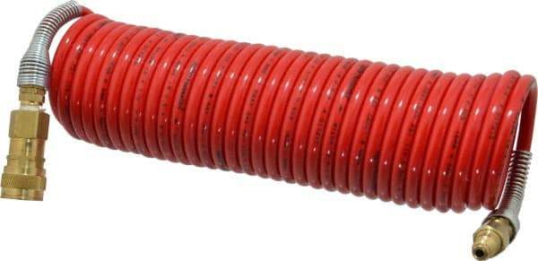 PRO-SOURCE - 1/4" ID, 1/4 Thread, 25' Long, Red Nylon Coiled & Self Storing Hose - 240 Max psi, Industrial Interchange Coupler x Plug - Caliber Tooling