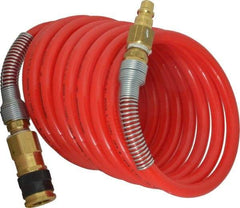 PRO-SOURCE - 3/8" ID, 3/8 Thread, 12' Long, Red Nylon Coiled & Self Storing Hose - 225 Max psi, Industrial Interchange Coupler x Plug - Caliber Tooling