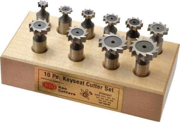 Keo - 3/8 to 1" Cutting Diam, Straight Tooth Configuration, Woodruff and Keyseat Cutter Set - 204 to 808 ANSI, High Speed Steel, 10 Pieces - Caliber Tooling