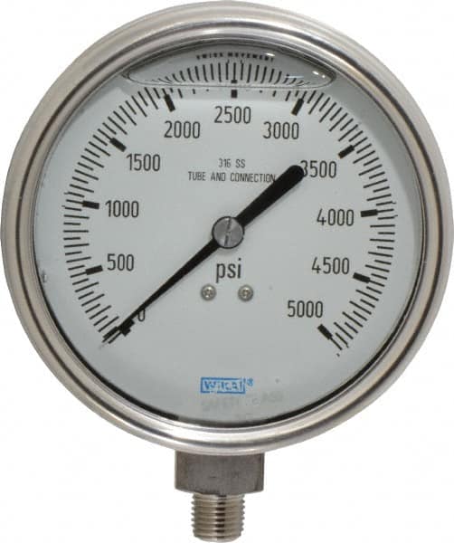 Wika - 4" Dial, 1/4 Thread, 0-5,000 Scale Range, Pressure Gauge - Lower Connection Mount, Accurate to 1% of Scale - Caliber Tooling