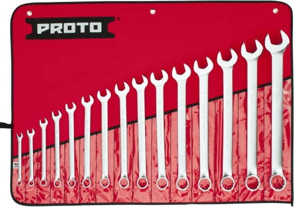 Proto - 15 Piece, 5/16 to 1-1/4", Combination Wrench Set - Inch System of Measurement, Satin Finish, Comes in Nylon Roll - Caliber Tooling