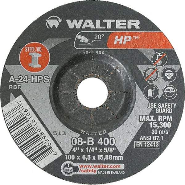 WALTER Surface Technologies - 24 Grit, 4" Wheel Diam, 1/4" Wheel Thickness, 5/8" Arbor Hole, Type 27 Depressed Center Wheel - Aluminum Oxide, Resinoid Bond, 15,000 Max RPM - Caliber Tooling