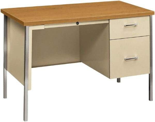 Hon - Woodgrain Laminate/Metal Right Pedestal Desk with Center Drawer - 45" Wide x 24" Deep x 29" High, Harvest/Putty - Caliber Tooling