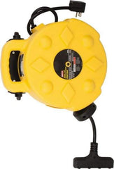 Bayco - 12 AWG, 50' Cable Length, Cord & Cable Reel with Outlet End - 4 Outlets, NEMA 5-15R, 15 Amps, SJTW Cable, Yellow Reel - Caliber Tooling