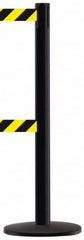 Tensator - 38-1/4" High, 2-1/2" Pole Diam, Tensabarrier Post - 13-1/2" Base Diam, Round ABS Plastic Base, Black 7-1/2" Tape, Dual Line Tape - Caliber Tooling