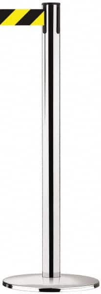 Tensator - 38-1/2" High, 2-1/2" Pole Diam, Tensabarrier Post - 13-1/2" Base Diam, Round Cast Iron with Pressed Steel Cover Base, Polished Chrome (Color) 7-1/2' Tape - Caliber Tooling