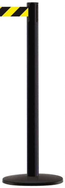 Tensator - 38-1/2" High, 2-1/2" Pole Diam, Tensabarrier Post - 13-1/2" Base Diam, Round Metal Base, Black 7-1/2' Tape - Caliber Tooling