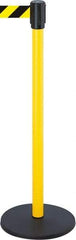 Tensator - 38-1/2" High, 2" Pole Diam, Tensabarrier Post - 13-1/2" Base Diam, Round Stainless Steel Base, Yellow 7-1/2' Tape - Caliber Tooling