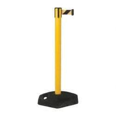 Tensator - 38-1/4" High, 2-1/2" Pole Diam, Tensabarrier Post - 19" Base Diam, UPVC Base, Yellow Plastic Post, 7-1/2' Tape, Single Line Tape, For Outdoor Use - Caliber Tooling