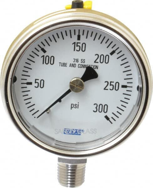 Wika - 2-1/2" Dial, 1/4 Thread, 0-300 Scale Range, Pressure Gauge - Lower Connection Mount, Accurate to 2-1-2% of Scale - Caliber Tooling