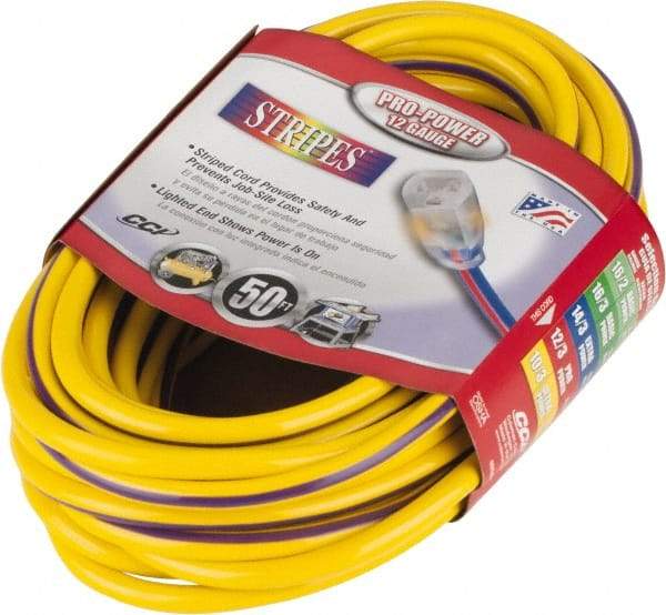 Southwire - 50', 12/3 Gauge/Conductors, Yellow/Purple Outdoor Extension Cord - 1 Receptacle, 15 Amps, 125 VAC, UL SJTW, NEMA 5-15P, 5-15R - Caliber Tooling