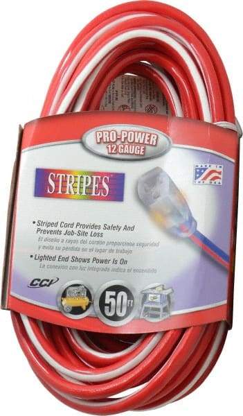 Southwire - 50', 12/3 Gauge/Conductors, Red/White Outdoor Extension Cord - 1 Receptacle, 15 Amps, 125 VAC, UL SJTW, NEMA 5-15P, 5-15R - Caliber Tooling